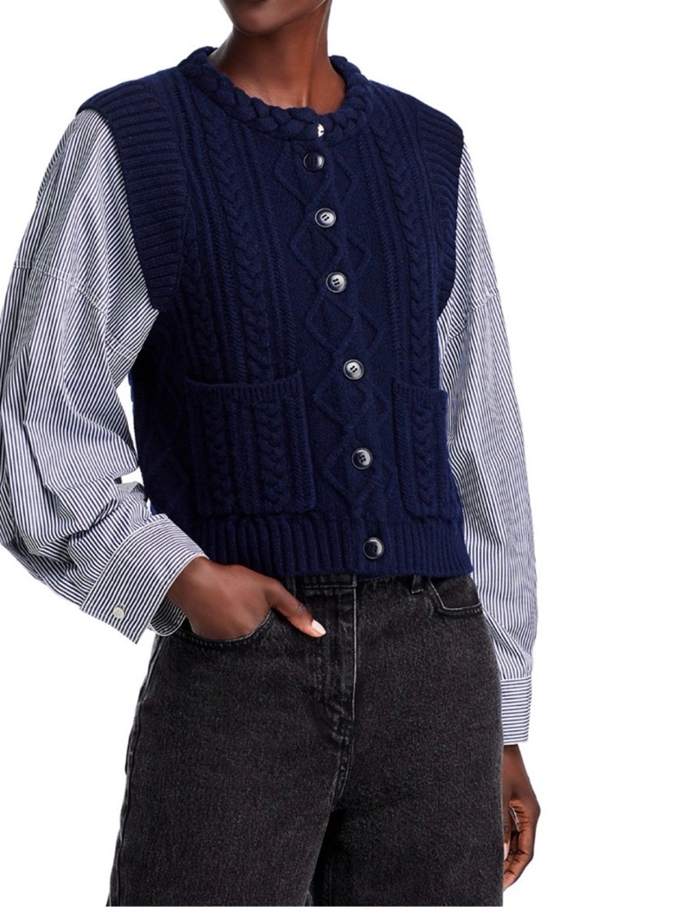 Sea New York Navy Cable-Knit Button Front Sweater Vest